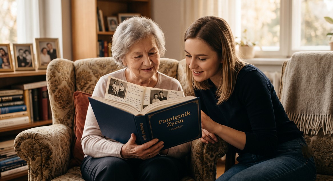 Babcia opowiada swoją historie pokazując pamiętnik